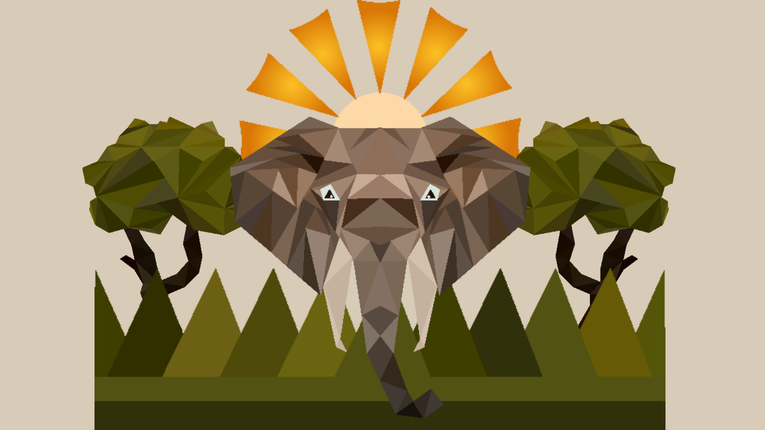 Geometric elephant illustration with trees and sun on a beige background
